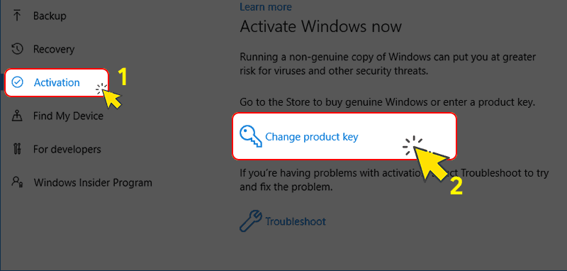 Chọn Activation > Nhấn chọn Troubleshoot tại menu bên trái