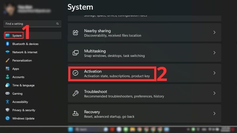 Chọn System (Hệ thống) và nhấp vào Activation (Kích hoạt).